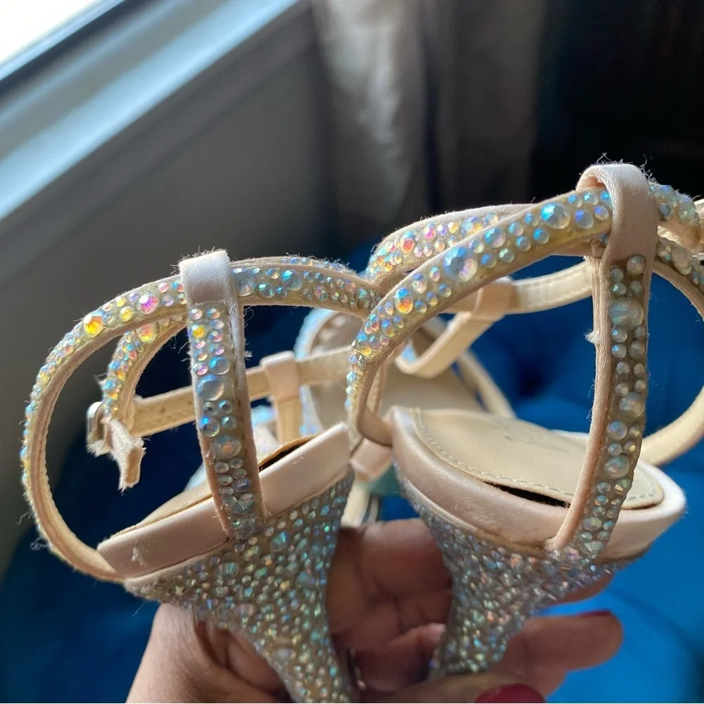 Betsey Johnson Nude Crystal Embellished T-Strap Heels